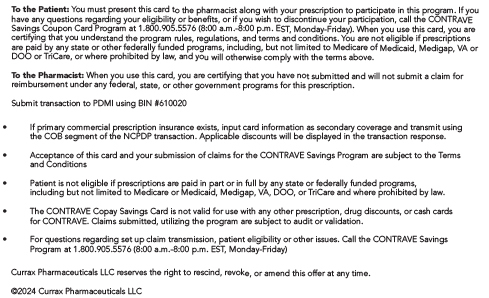 Rear view of the CONTRAVE® (naltrexone HCl/bupropion HCl) copay card