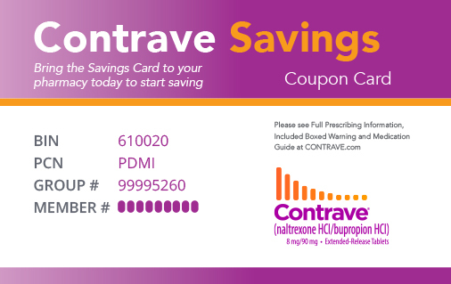Front view of the CONTRAVE® (naltrexone HCl/bupropion HCl) copay card